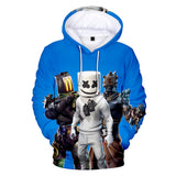 3D Fortnite DJ Marshmello Blue Long Sleeve Hoodie for Kids Youth Adult